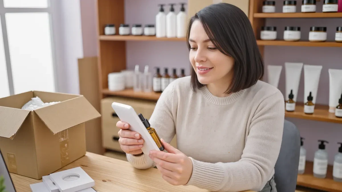 Small cosmetics studio founder checking product labels beside open shipping boxes