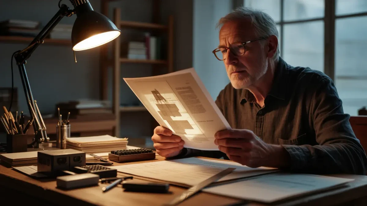 Book designer checking folded page proofs against a backlit lamp