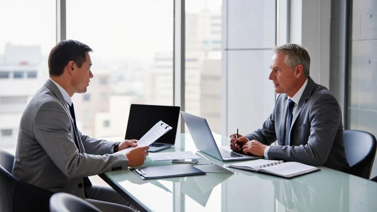 Two negotiators reviewing documents across a meeting table