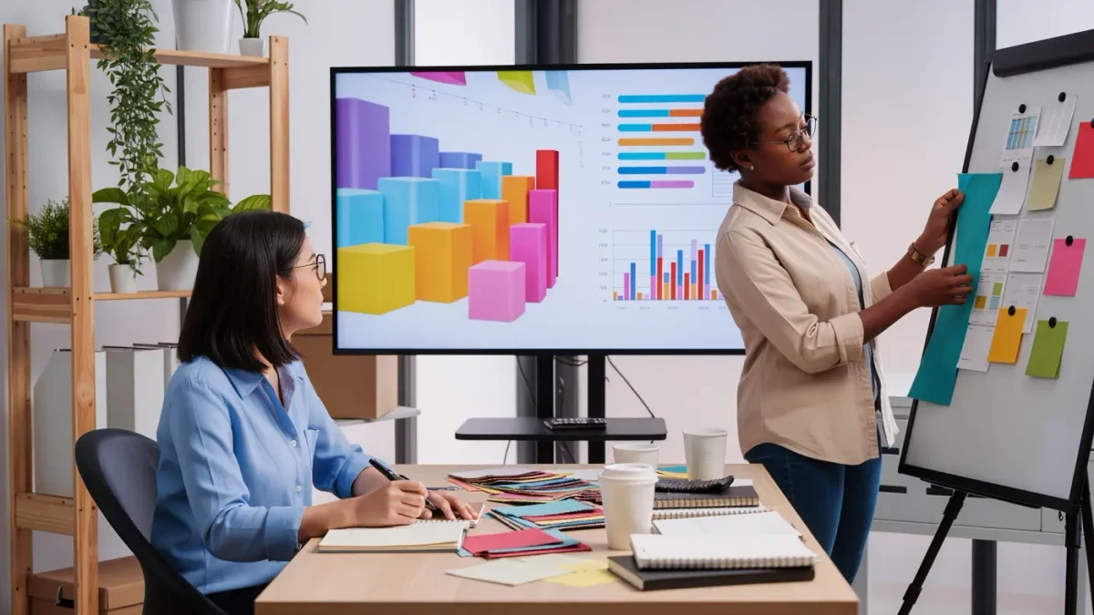Two analysts comparing fabric swatches and data dashboards in a bright forecasting studio