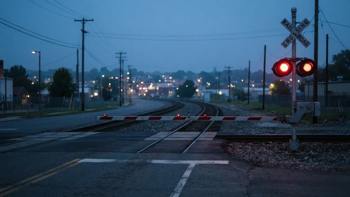 Railroad crossing barrier lowered with signal lights at dusk