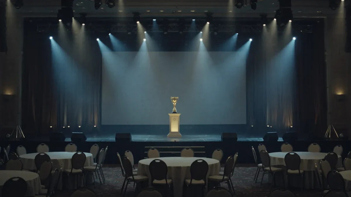 Empty stage prepared for an award tribute presentation