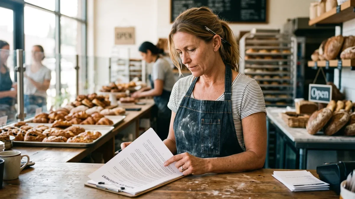 Bakery owner reviewing a supplier agreement at her counter