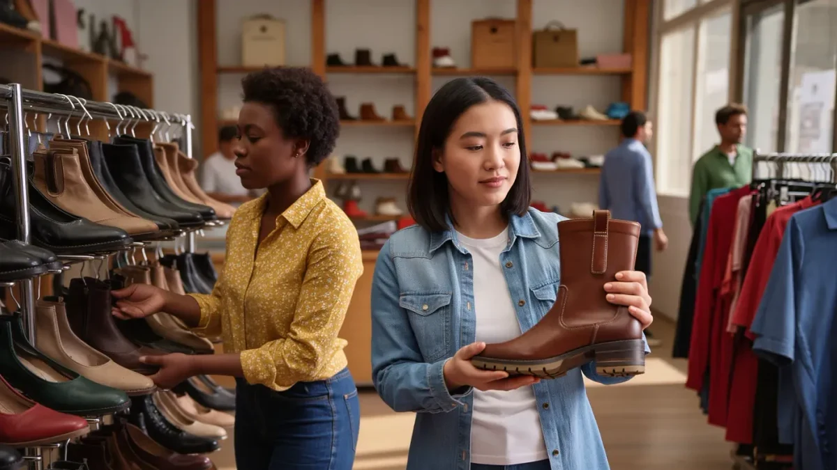 Two women compare shoes in a bright secondhand shop while one checks the sole of a boot