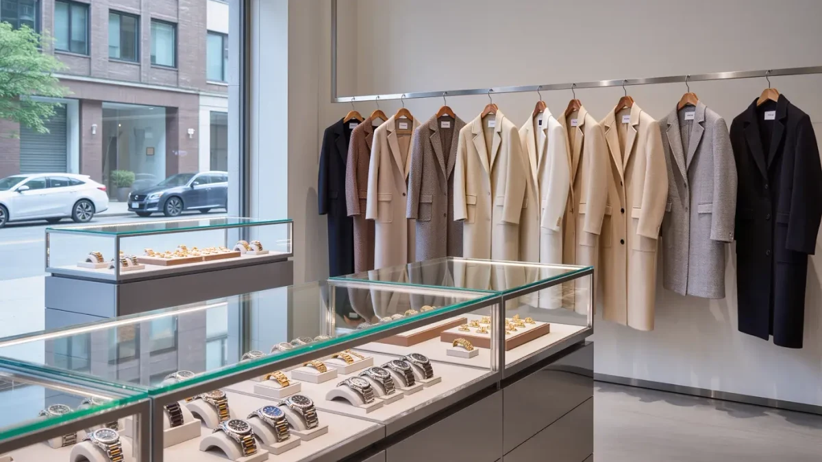 Secondhand luxury boutique with watches, jewelry and designer coats on display
