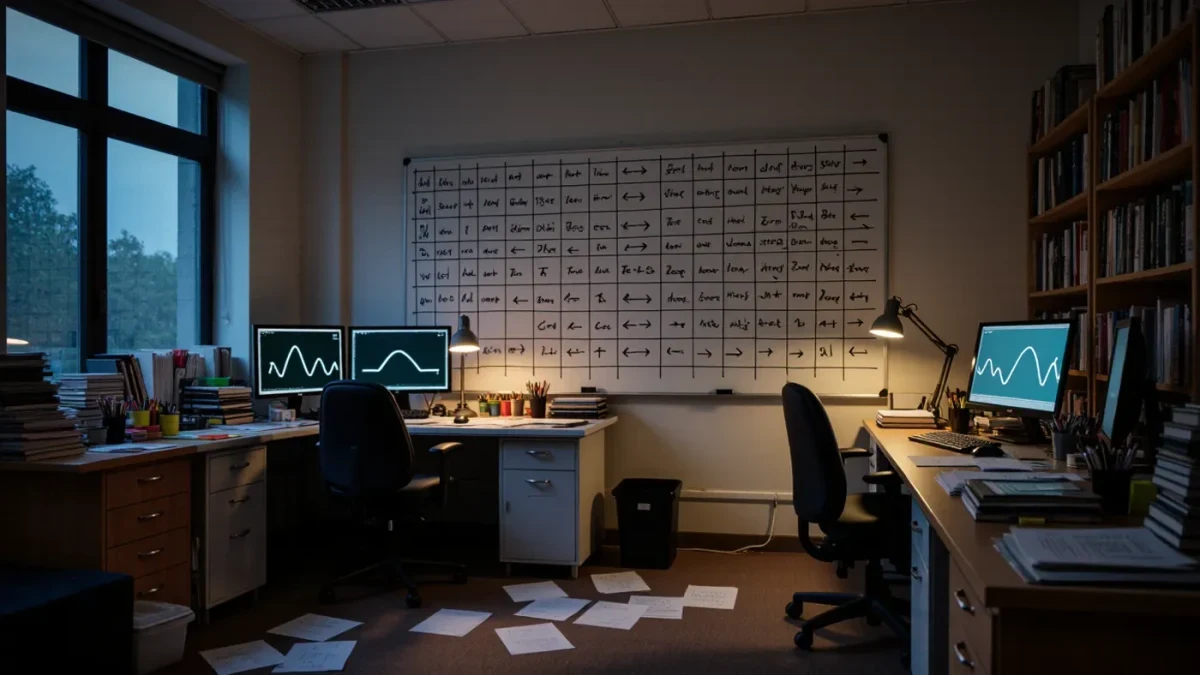 Empty biostatistics office with whiteboard diagram and analysis screens
