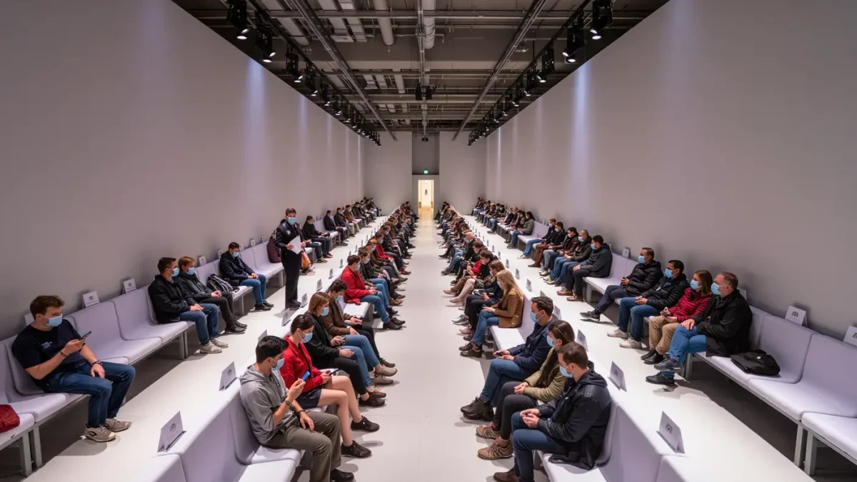 Guests taking their seats along an empty runway minutes before a show