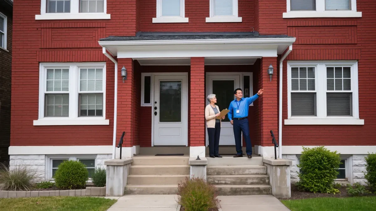 Homeowner speaking with county assessor at rental property front porch