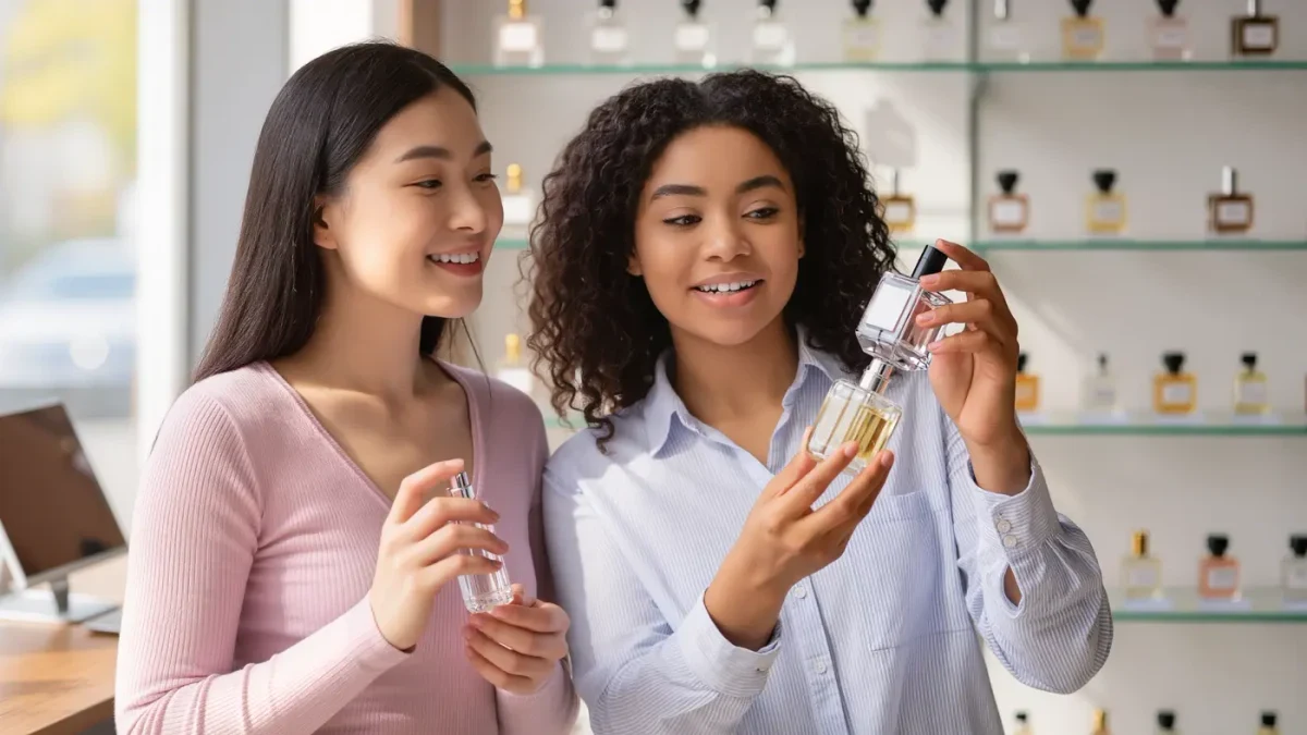 Two women comparing small perfume bottles at a shop counter