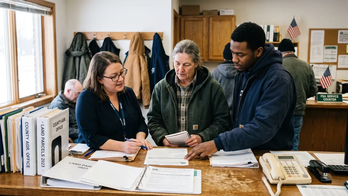 Farmers reviewing program paperwork at a county office counter