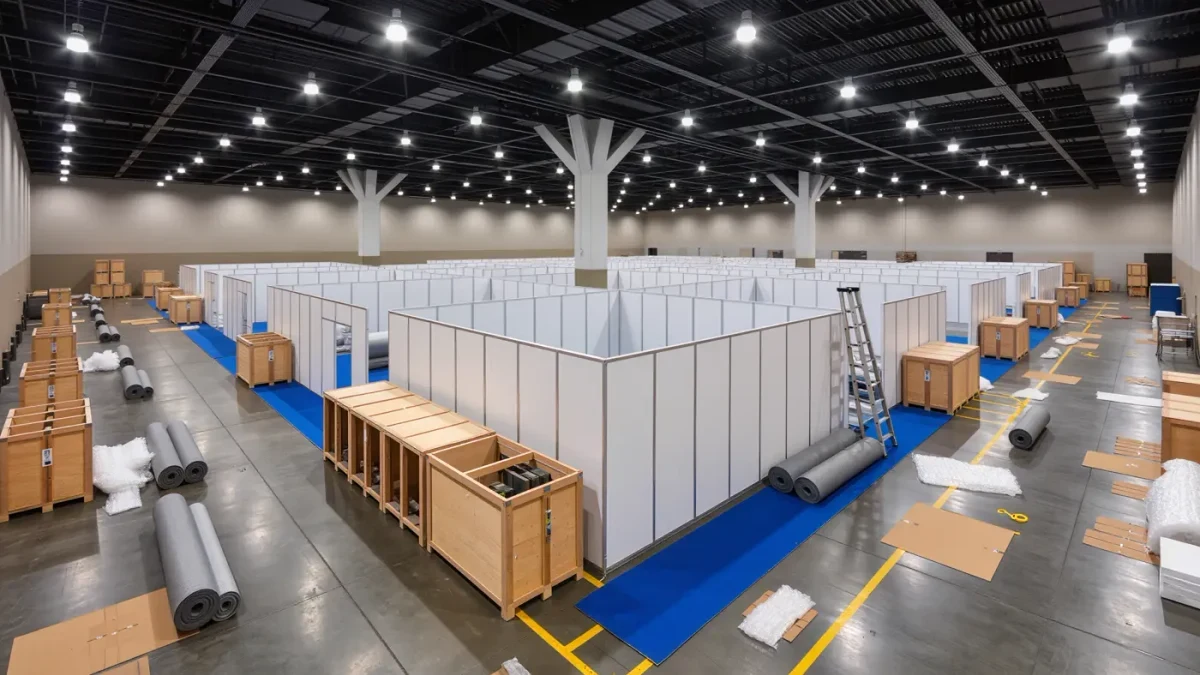 Half-built art fair booth with crates, ladder and bare walls