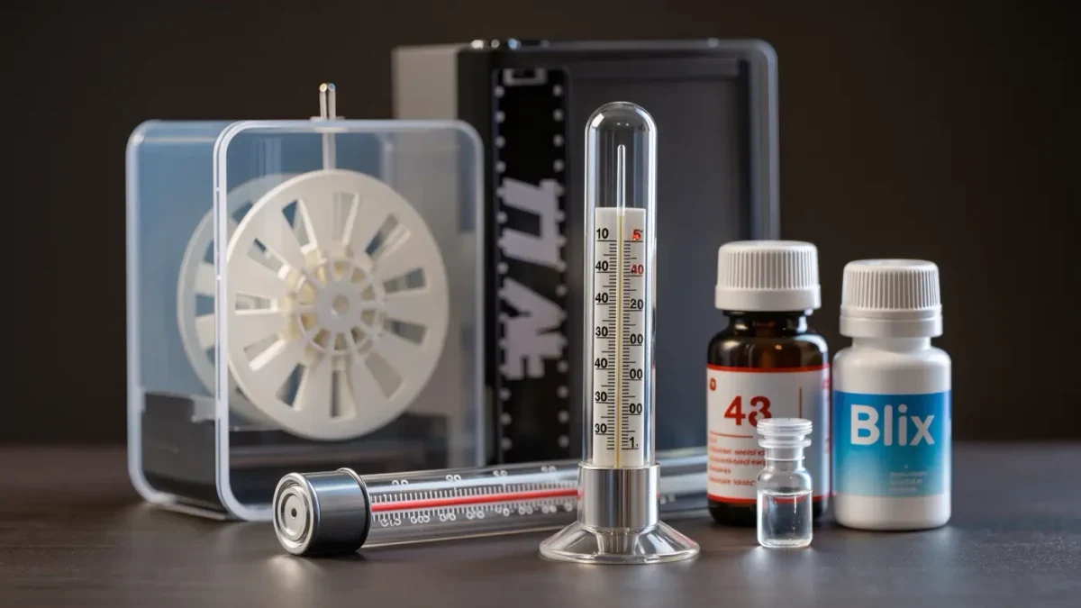 Close-up of color development kit bottles, tank, and thermometer