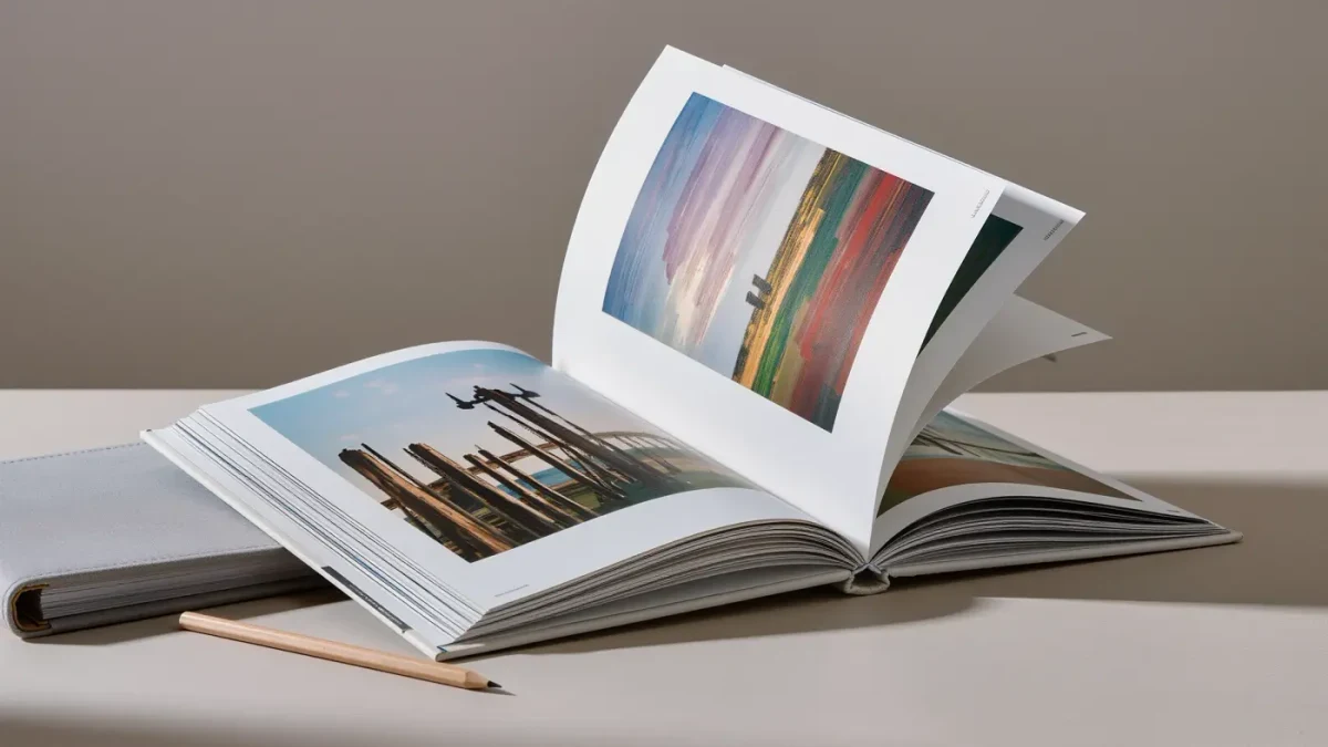 Printed portfolio spreads fanned across a studio desk under soft studio light
