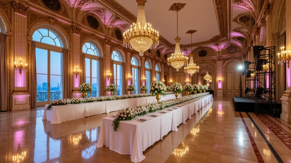 Grand hotel ballroom prepared for a gala dinner