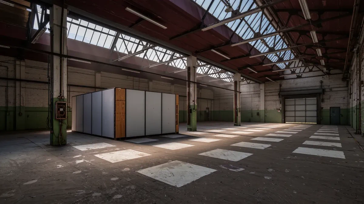 Cleared factory floor with pale outlines where studios stood