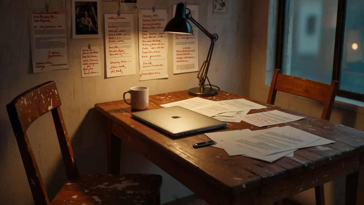 Studio desk at dusk with pinned statement drafts marked in red