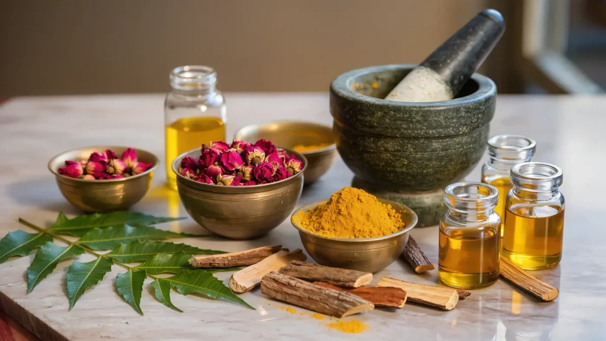 Ayurvedic skincare ingredients in brass bowls with rose petals and herbs