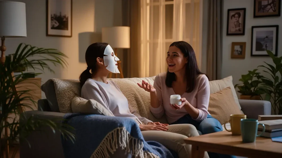 Opened foil sheet mask packet beside a jar of night cream