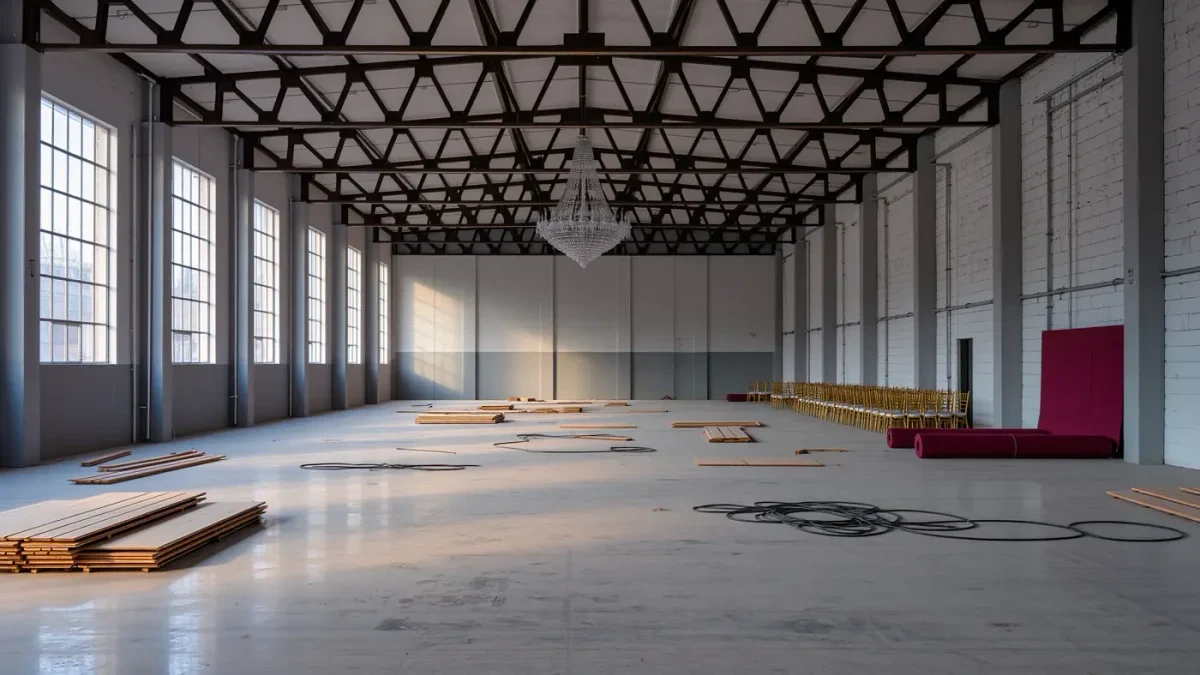 Empty industrial event hall mid-buildout with ladders and rolled carpet