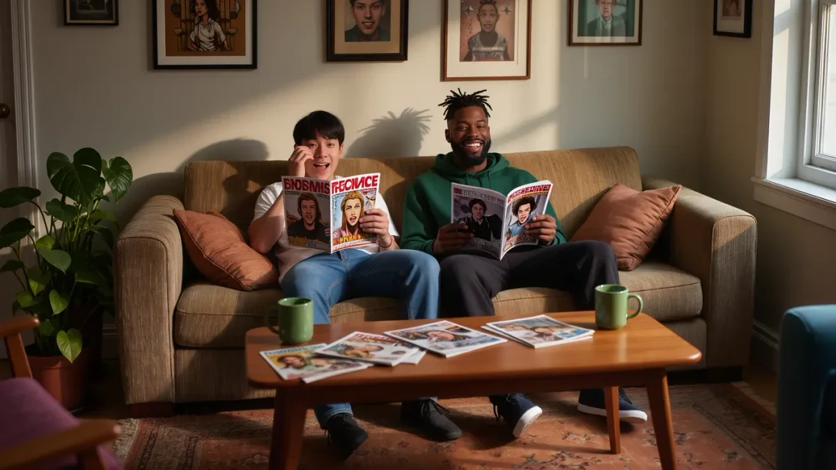 Readers reacting to a comic at home, one covering the page in surprise