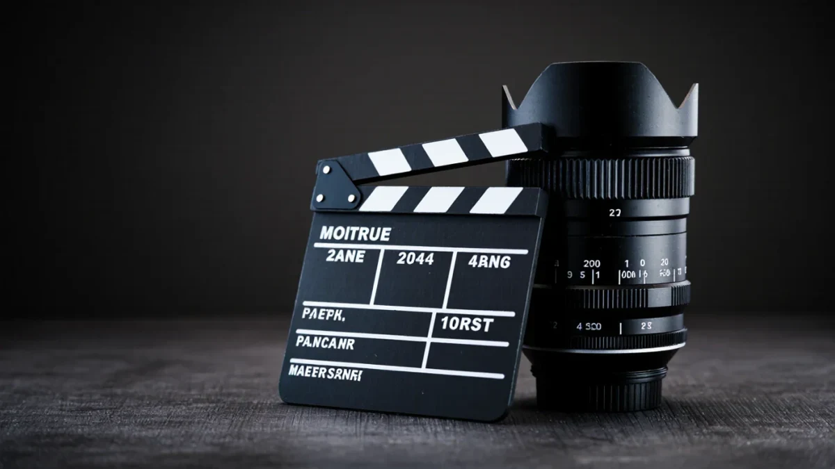 Clapperboard and lens on a dark studio stage floor