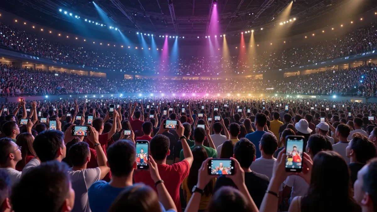 Diverse crowd of fans watching mobile esports on phones at an arena