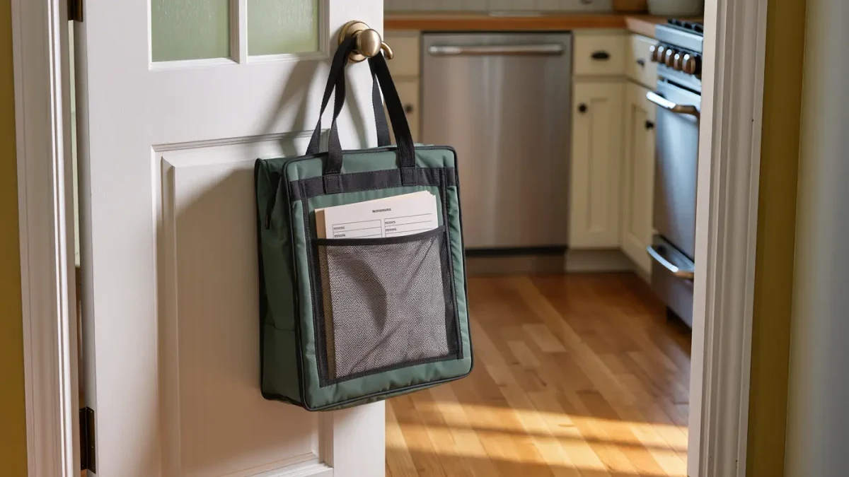 Empty kitchen counter with a delivered meal bag by the door