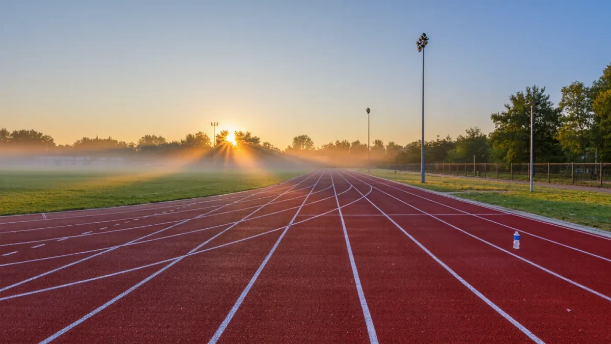 Empty running track at dawn with lane lines glowing