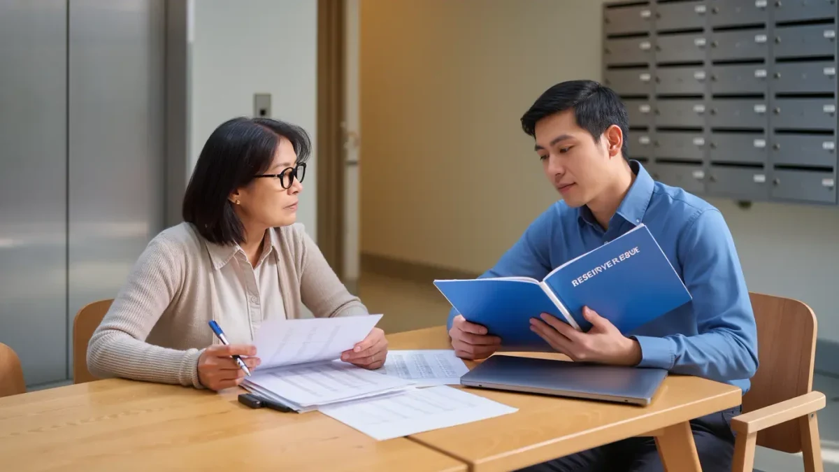 Residents reading condo documents at a building lobby table