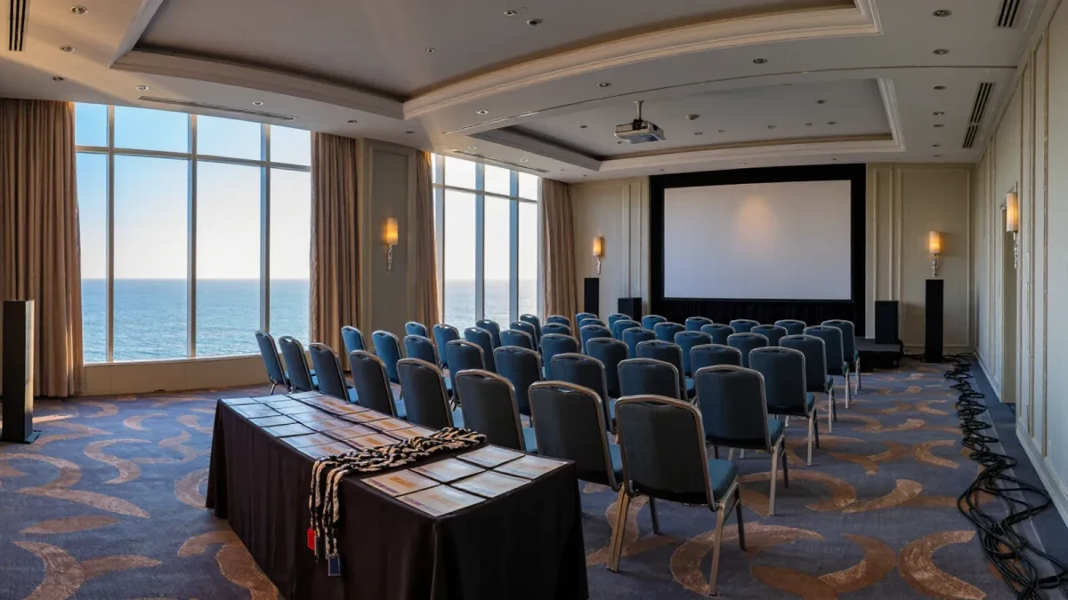Empty film market screening suite before sales meetings begin