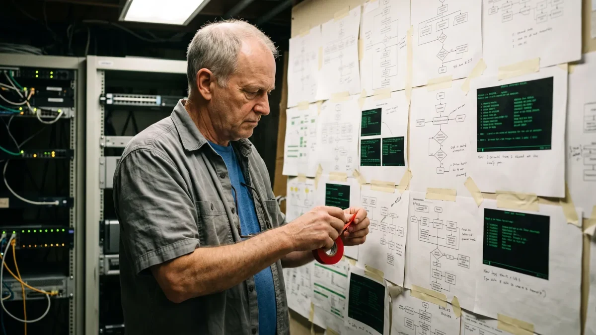 Technician reviewing a wall of legacy system interface diagrams