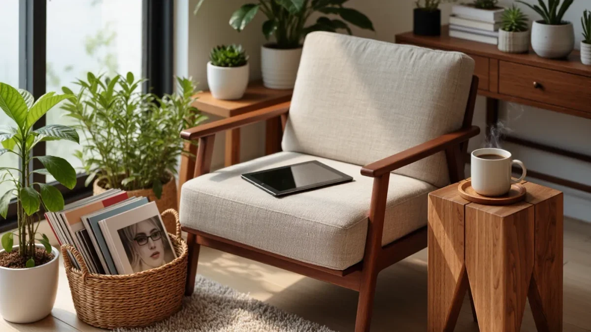 Reading corner with an e-reader, coffee mug and basket of zines