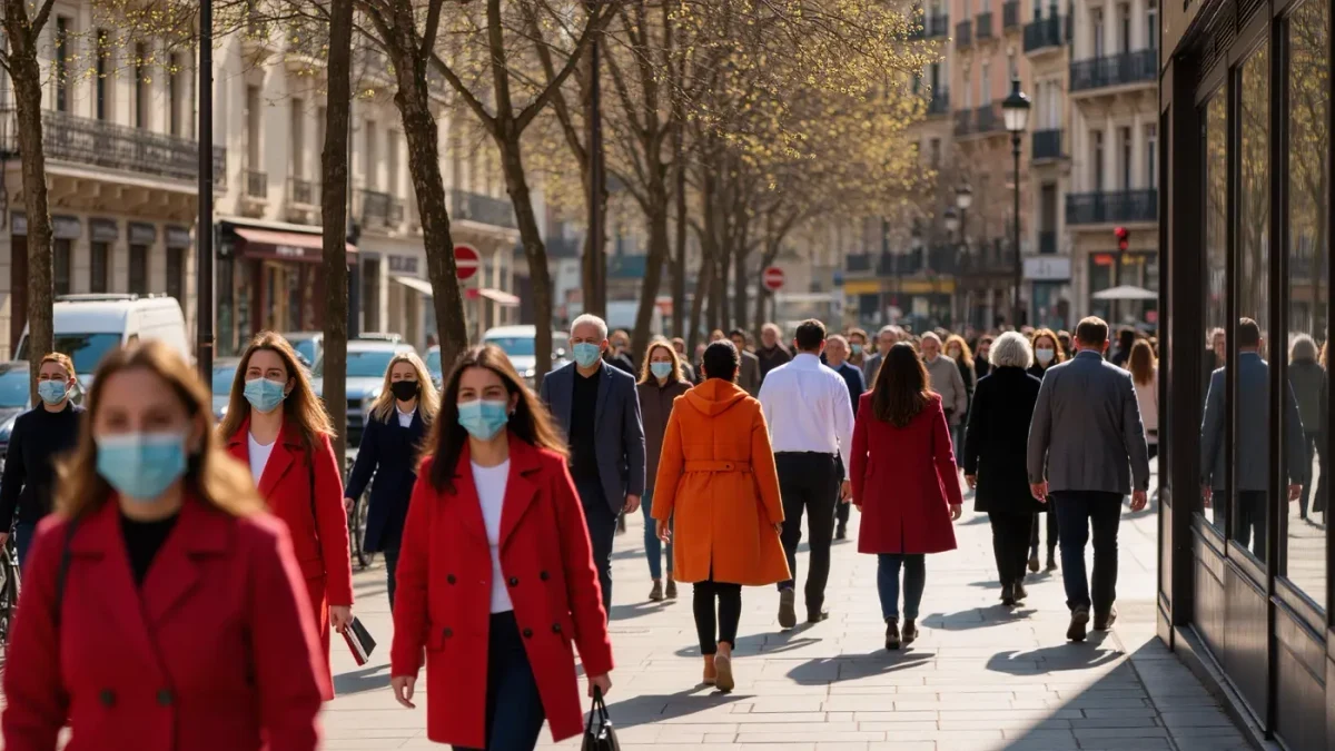Diverse pedestrians in red and bright spring coats on a sunny equinox-week city street