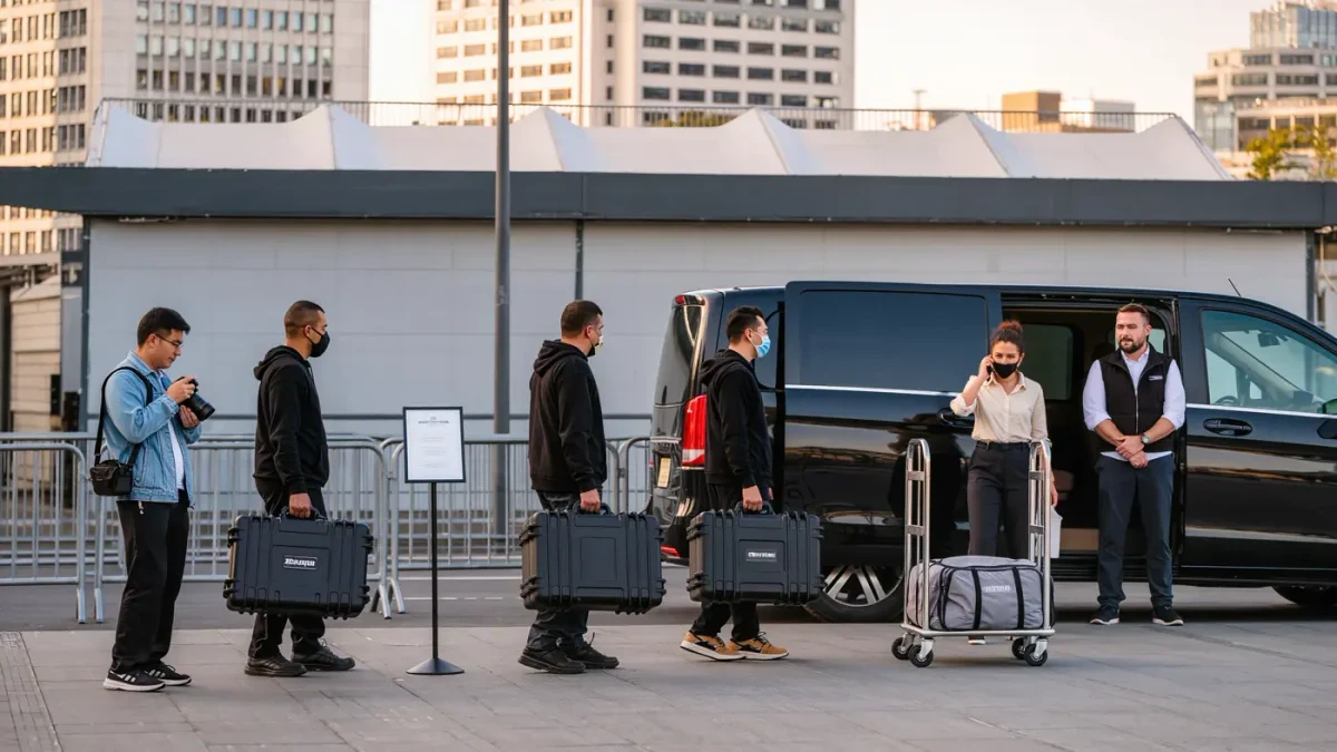 Freelance photographers and production crews working outside a show venue between fashion week shows