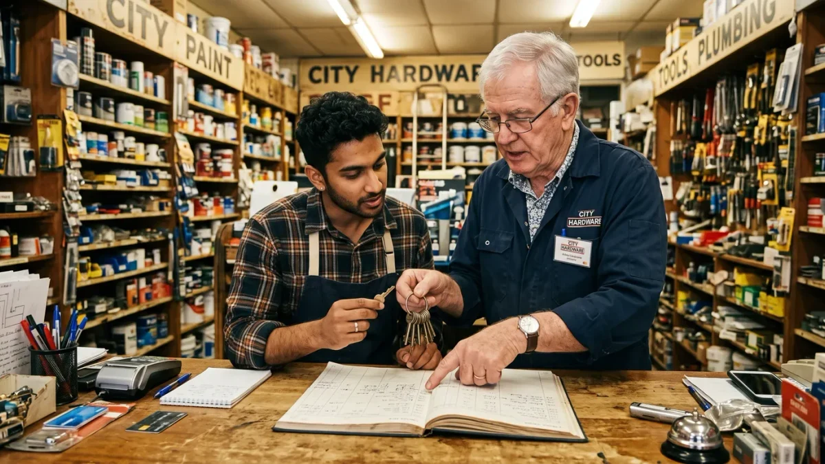 An older shop owner showing the ledger to a younger manager