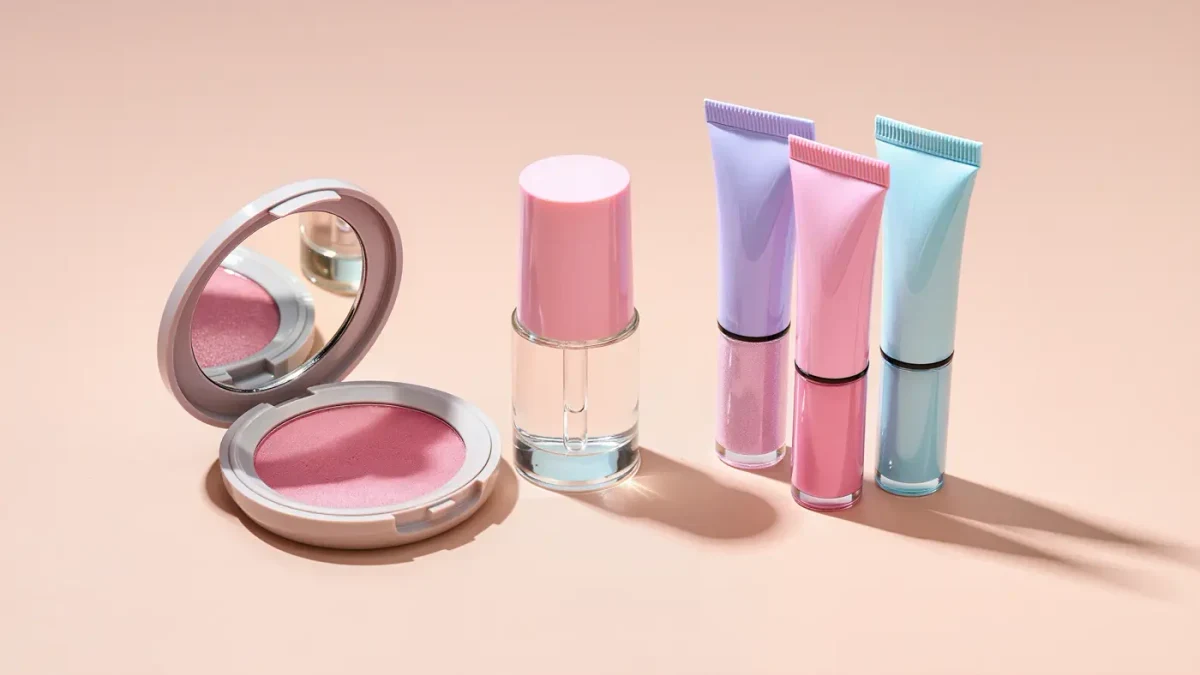 Close-up of affordable makeup products arranged on a bright studio surface