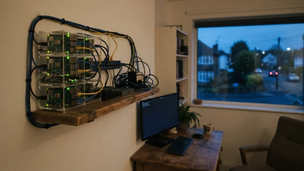 Shelf of small computers with glowing status lights in a home study