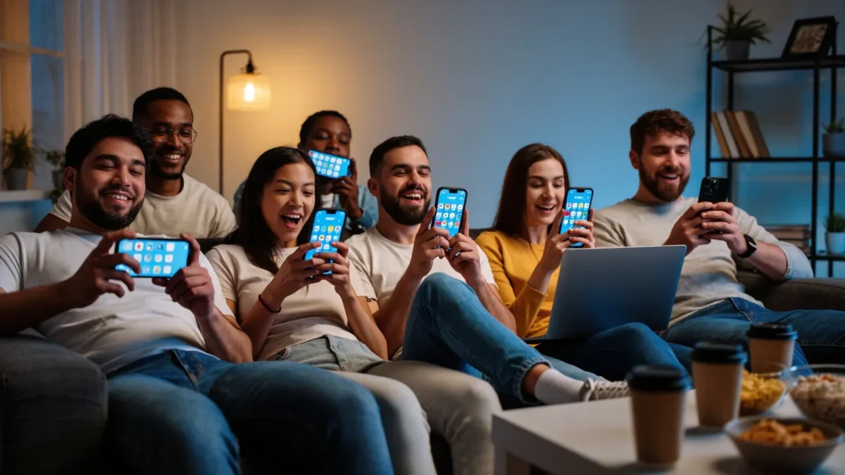 Friends comparing streaming apps on phones and a laptop