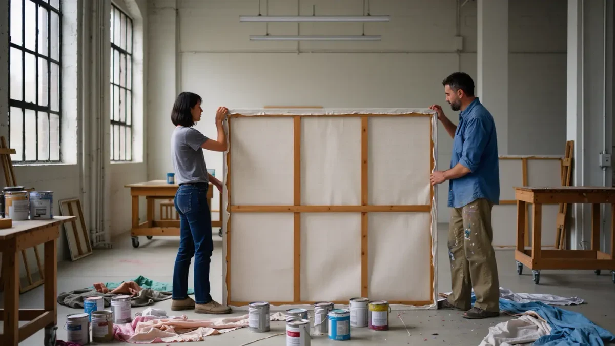 Assistant stretching canvas beside painter in sunlit Bushwick studio
