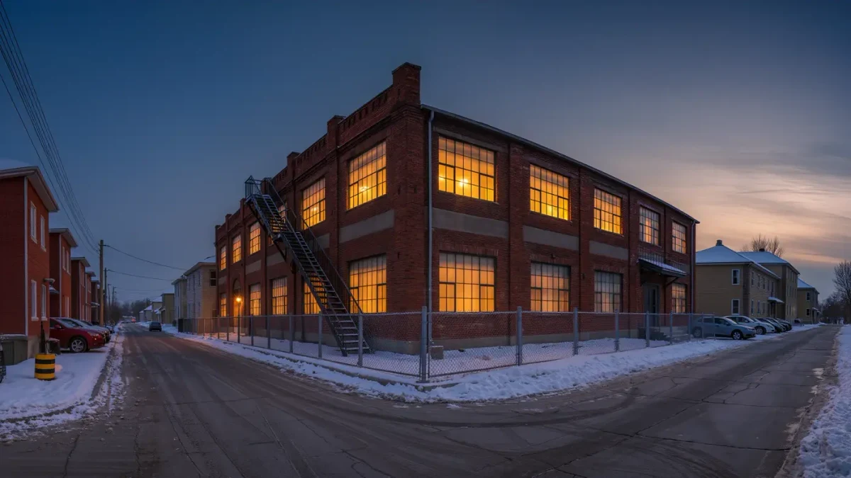 Converted industrial studio building with glowing windows in winter