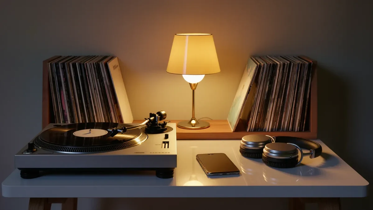 Turntable and phone on a listening desk at evening