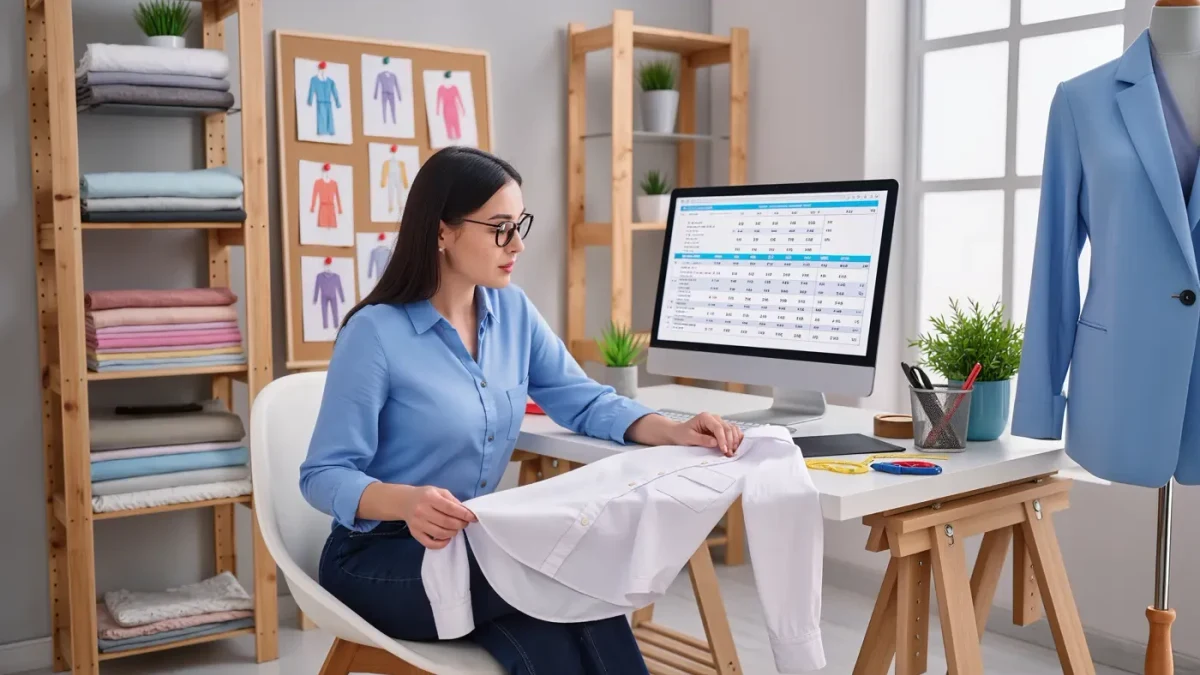 Technical designer checking a garment specification on screen beside a sample
