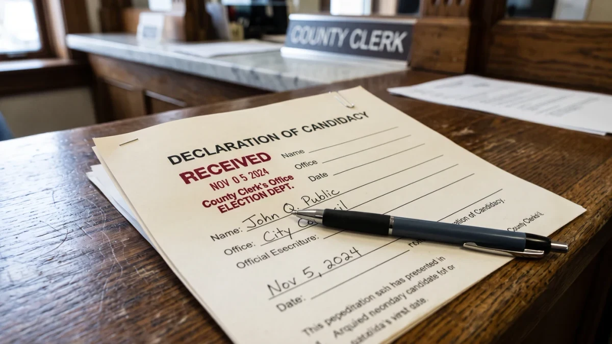 Candidate filing papers stamped and receipted at a clerk's counter