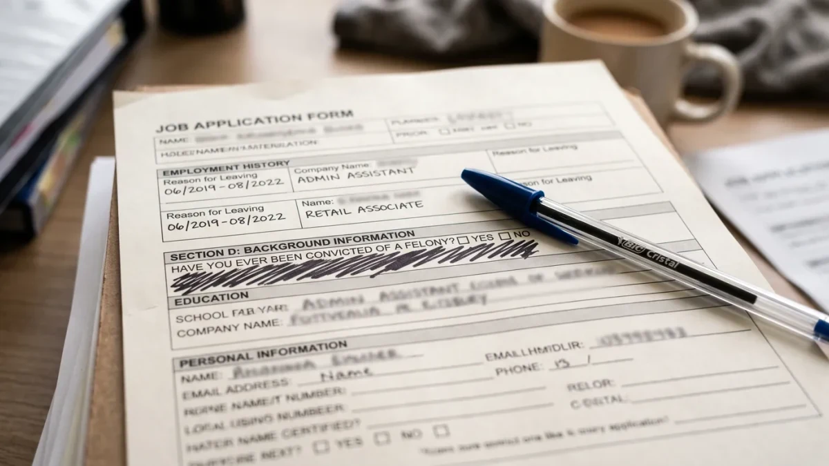 Job application form close-up with a blank criminal history question section