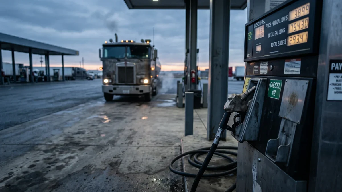 Diesel pump nozzle at truck stop dawn