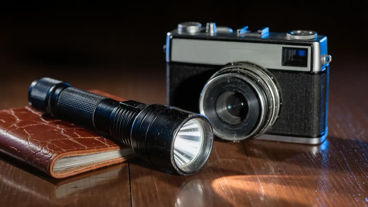 Close-up of a flashlight and old film camera on a dark table
