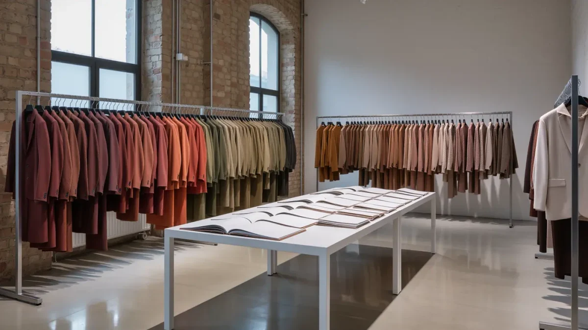 Empty wholesale showroom with garment racks, sample table and order folders in morning light