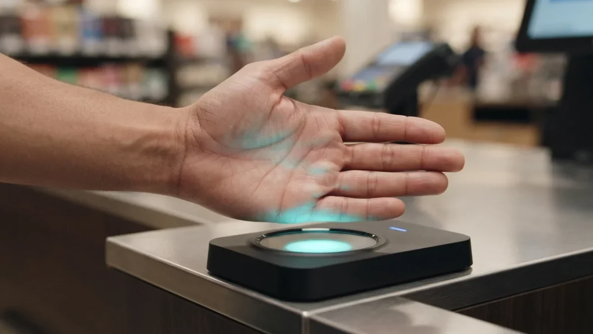 Close-up of a palm hovering over a glowing biometric payment scanner