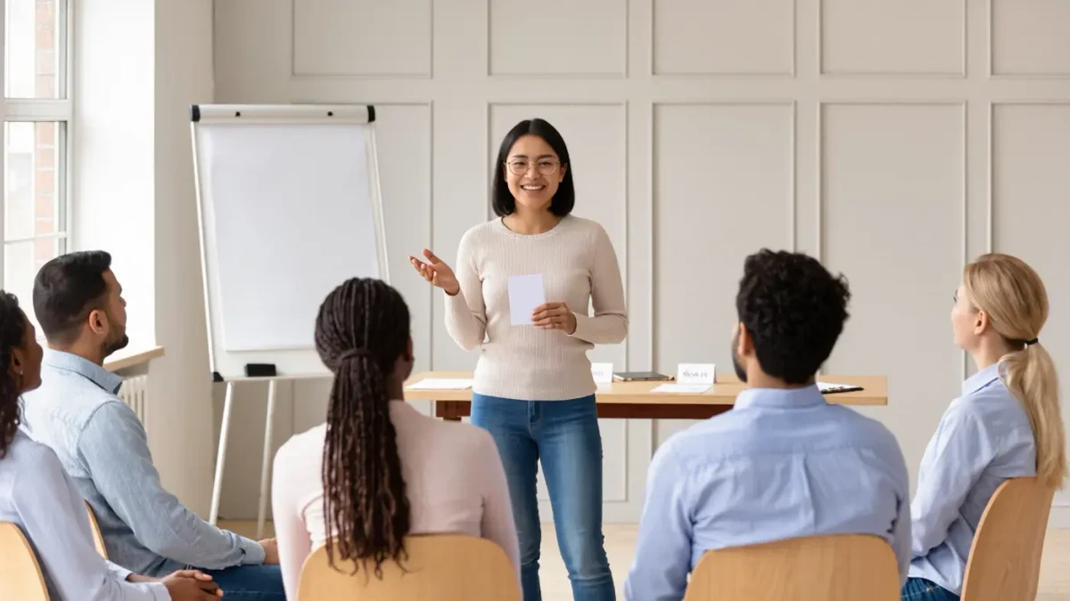 Young adult presenting to a small seminar group with note cards