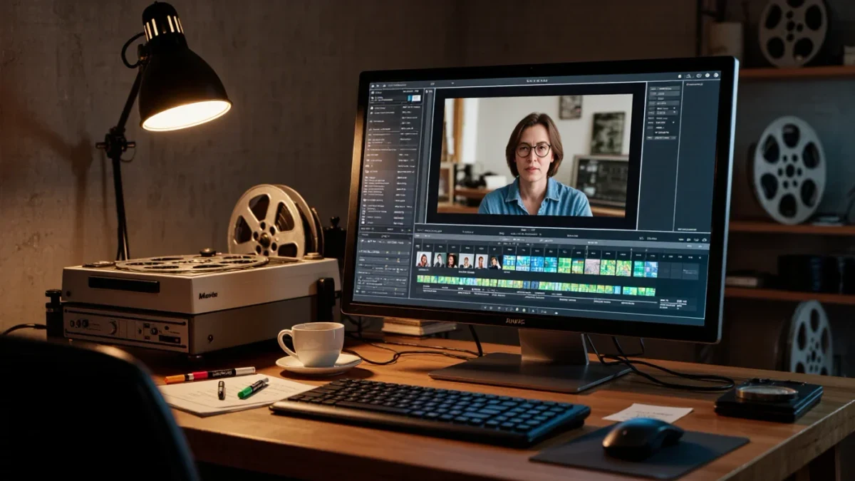 Editing suite monitor showing a paused cut on a timeline